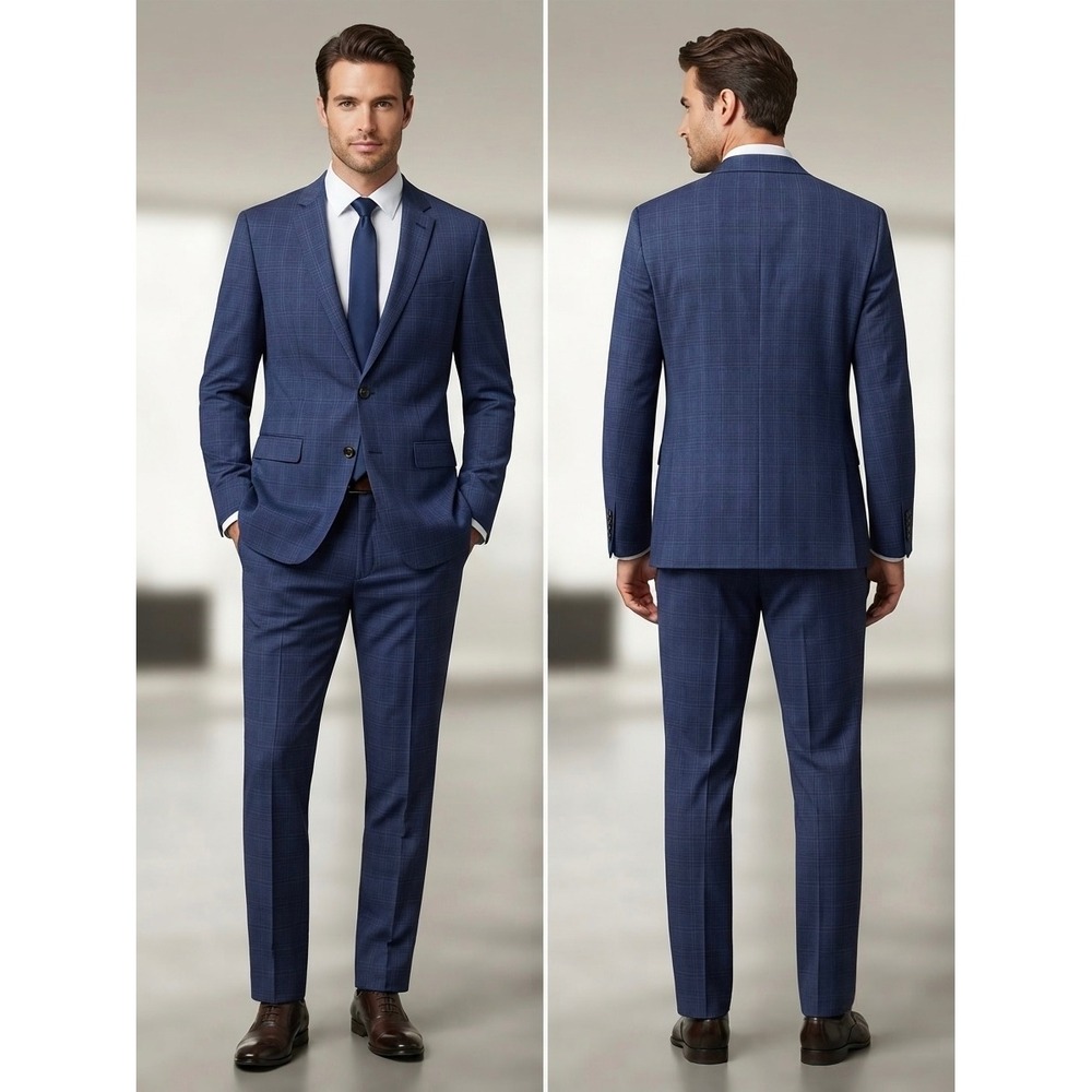 Murano Mens 2 Piece Suit 40 30x30 Slim Fit Blue Glen Plaid Blazer Evan Pants